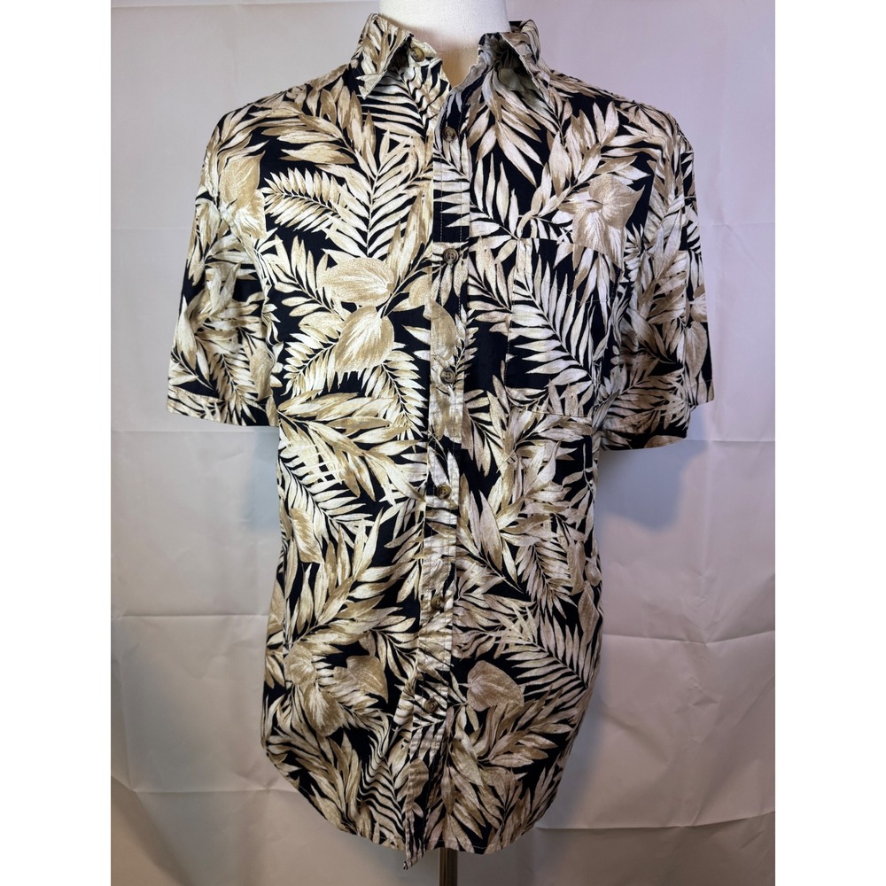 Old Navy Everyday Shirt Mens XL Tropical Palm Leaf Print Built-In Flex Tan Black